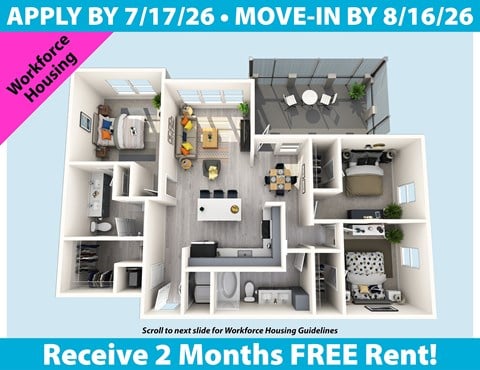 Floor plan for 3 beds, 2 baths, 1372 sqft
